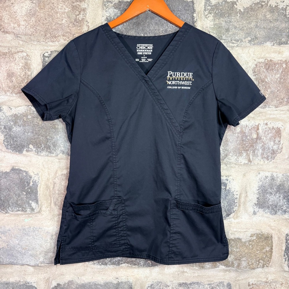 Cherokee Workwear Core Scrub Top‎ Black Purdue University Nursing Women's M